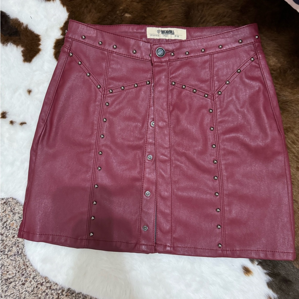 Rock and roll denim leather studded Burgundy Skirt